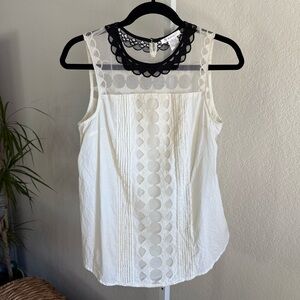 Esley Embroidered Sheer Mesh Lace Yoke Sleeveless Top White Black - Women's M